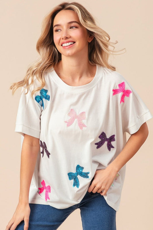 BiBiSequin Bow Patch Short Sleeve T - Shirt in Off - White