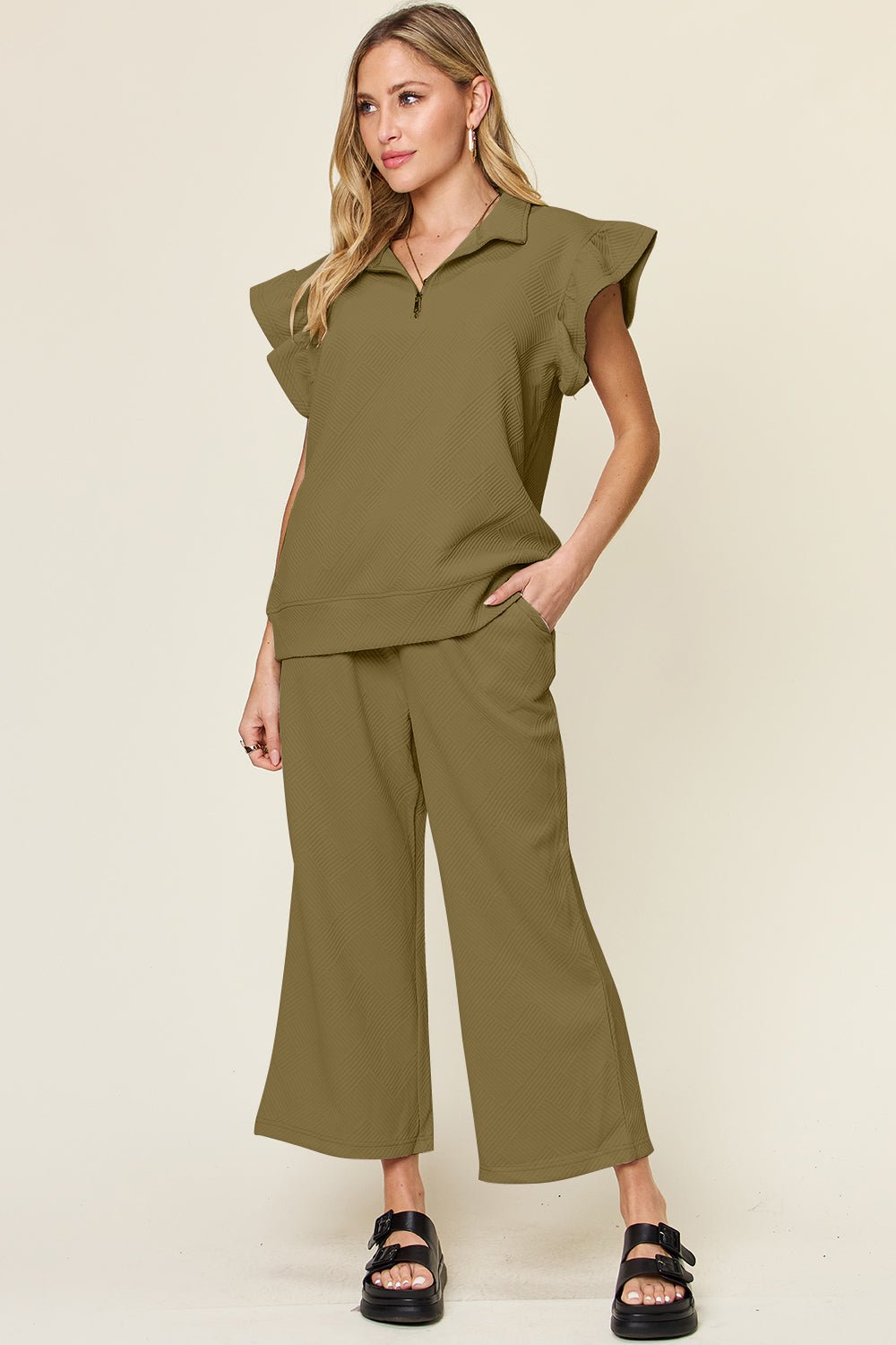 Double TakeTextured Ruffle Short Sleeve Top and Drawstring Wide Leg Pants Set