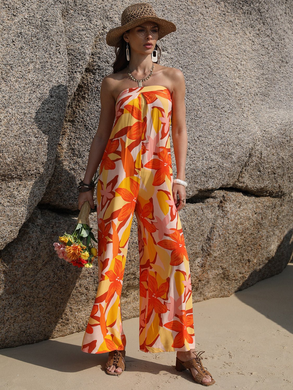 Beach Rose Co.Strapless Floral Print Wide Leg Jumpsuit in Tangerine