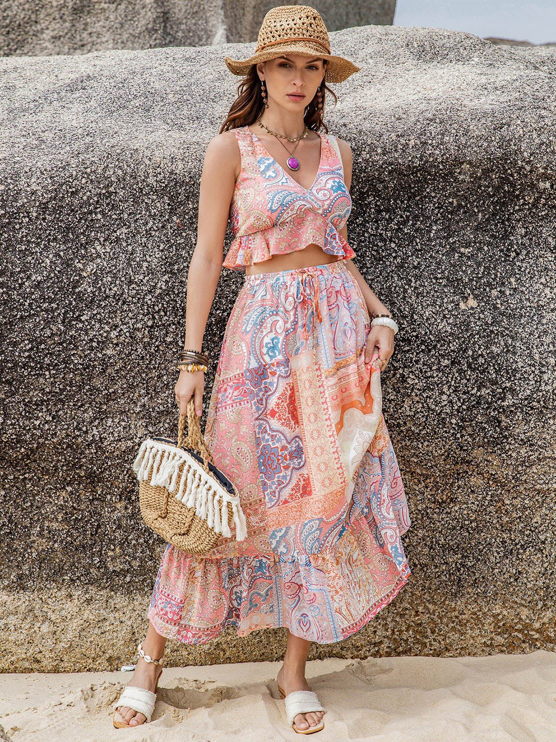 Beach Rose Co.Bohemian Print Sleeveless Crop Top and Midi Skirt Set in Blush Pink