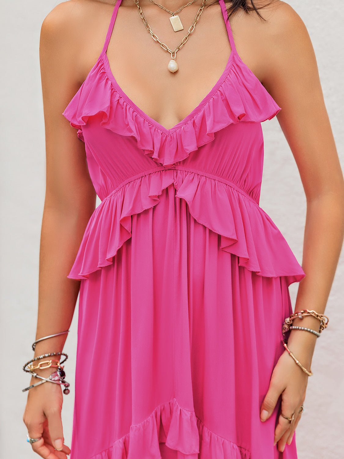 Beach Rose Co.Ruffled Halter Neck Sleeveless Maxi Dress in Hot Pink