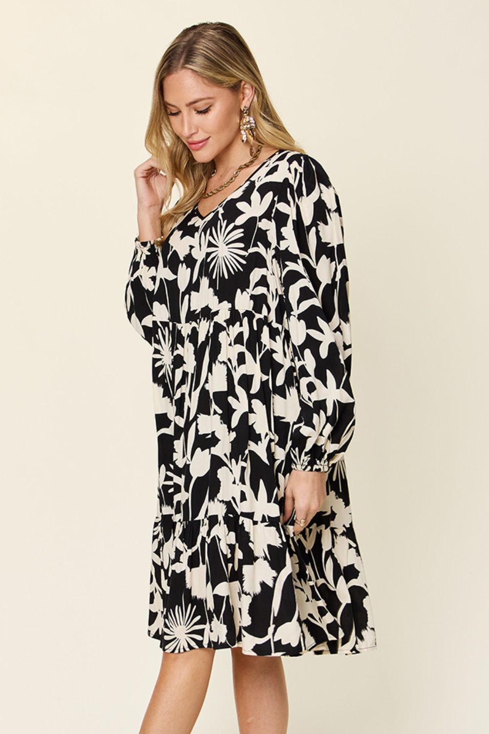 Double TakeFloral Print Ruffle Hem Long Sleeve Knee - Length Dress