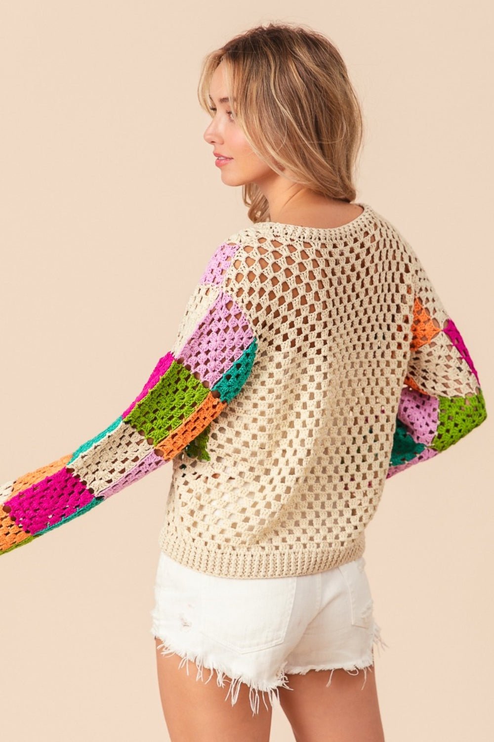 BiBiMulti Color Checkered Long Sleeve Knit Top in Oatmeal