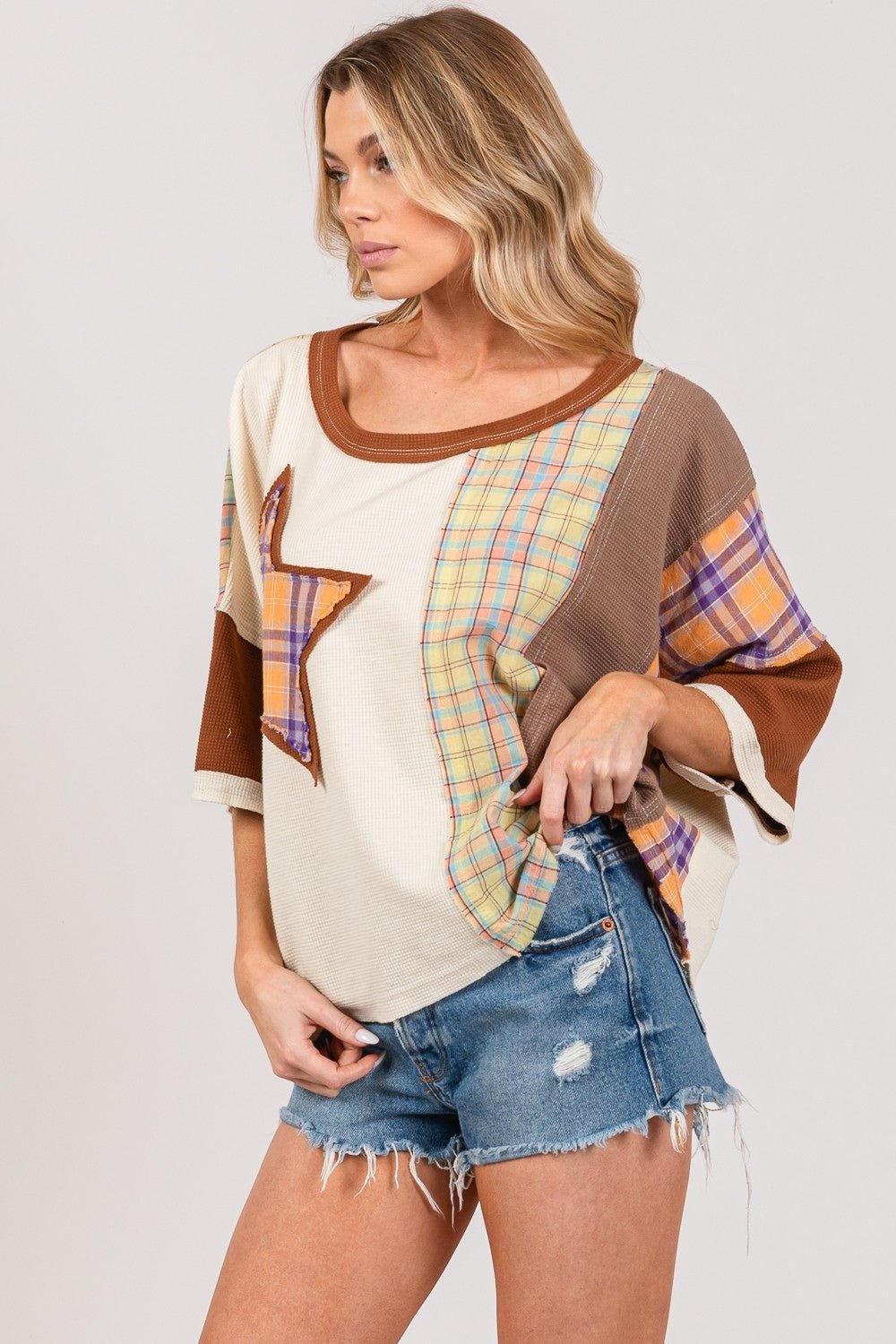 SAGE+FIGScoop Neck Plaid Star Patch T - Shirt in Mocha