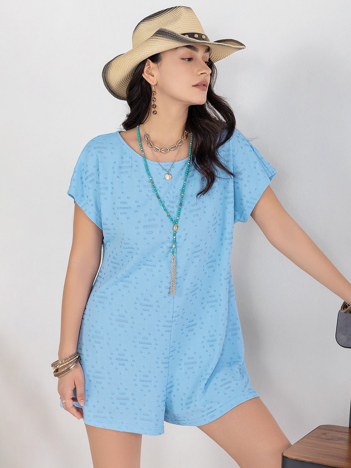 Beach Rose Co.Short Sleeve Burnout Romper in Pastel Blue