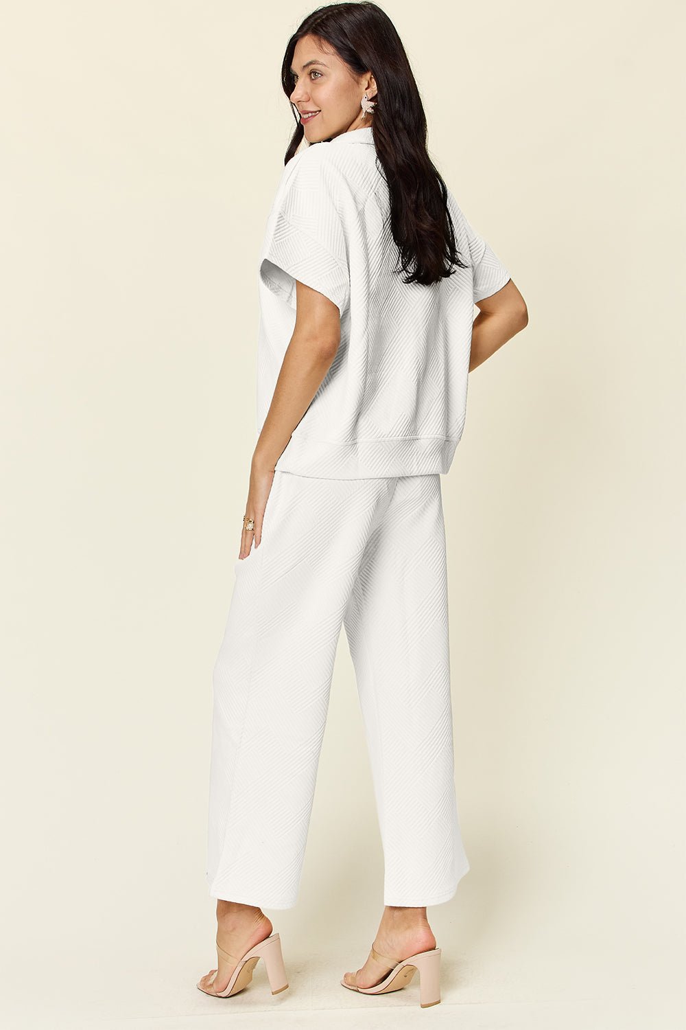 Double TakeTextured Half Zip Short Sleeve Top and Pants Set