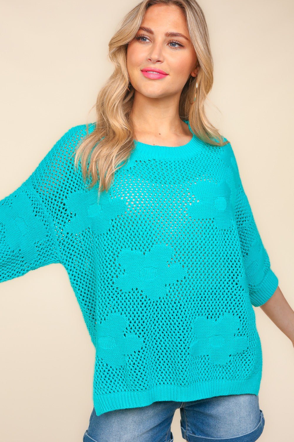 HapticsFloral Crochet Knit Tunic Top in Mint