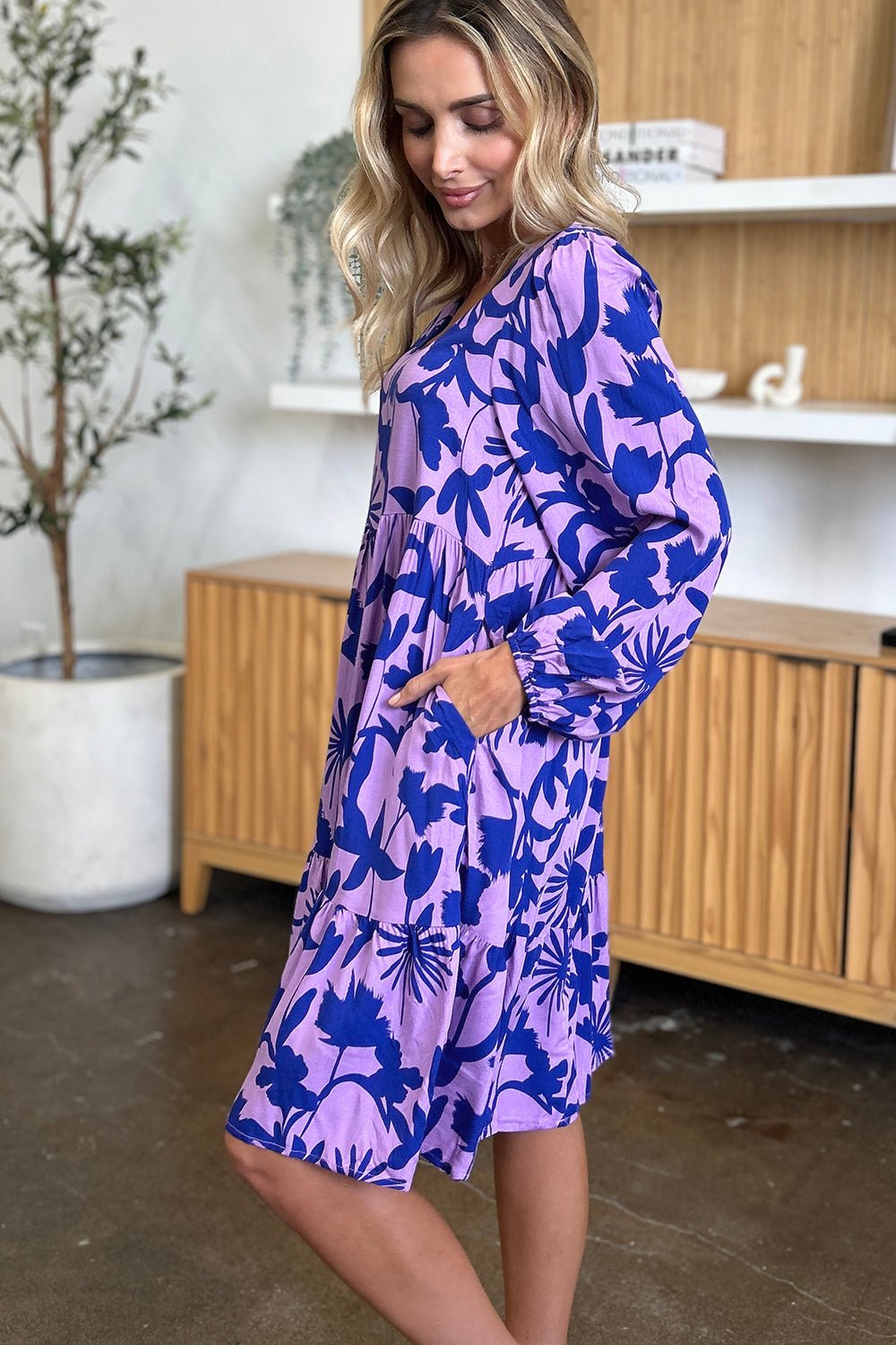 Double TakeFloral Print Ruffle Hem Long Sleeve Knee - Length Dress