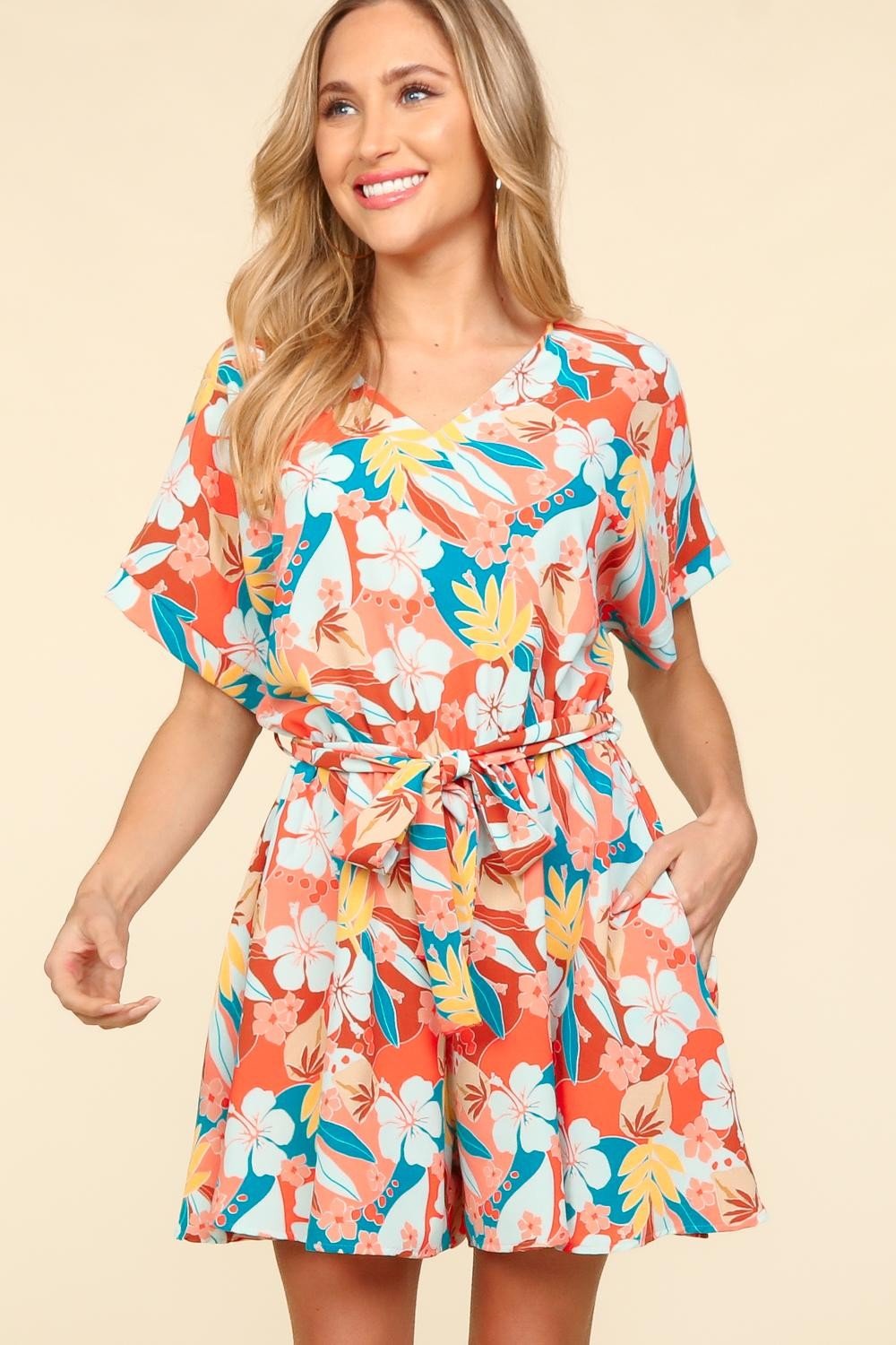 HapticsTropical Floral Short Sleeve Tie Waist Romper