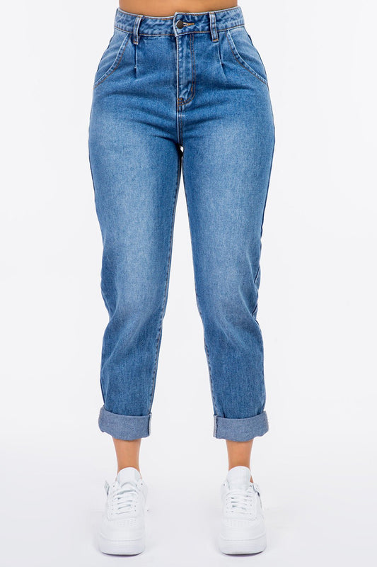 American BaziHigh Waist Pleated Waist Mom Jeans