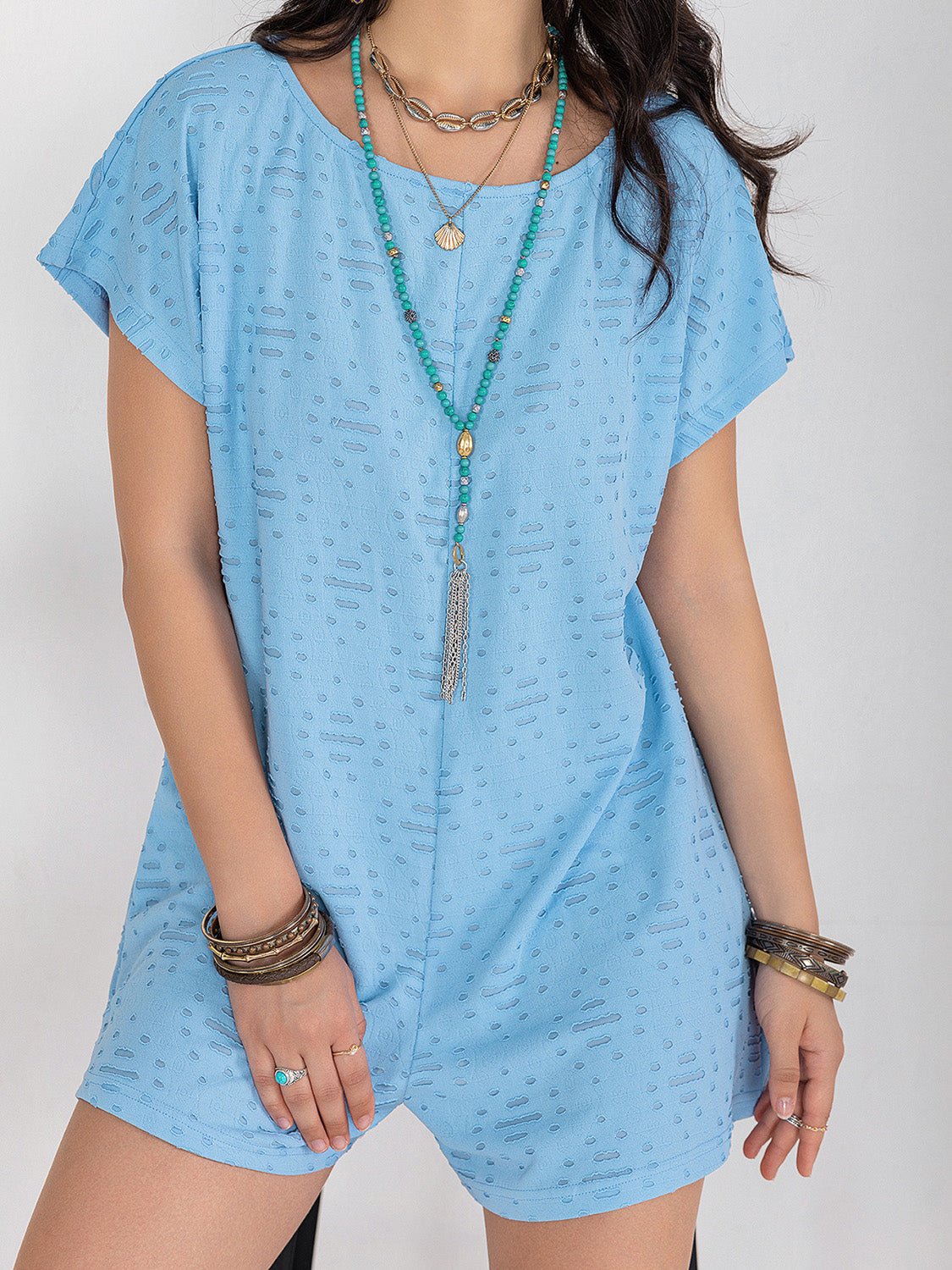 Beach Rose Co.Short Sleeve Burnout Romper in Pastel Blue