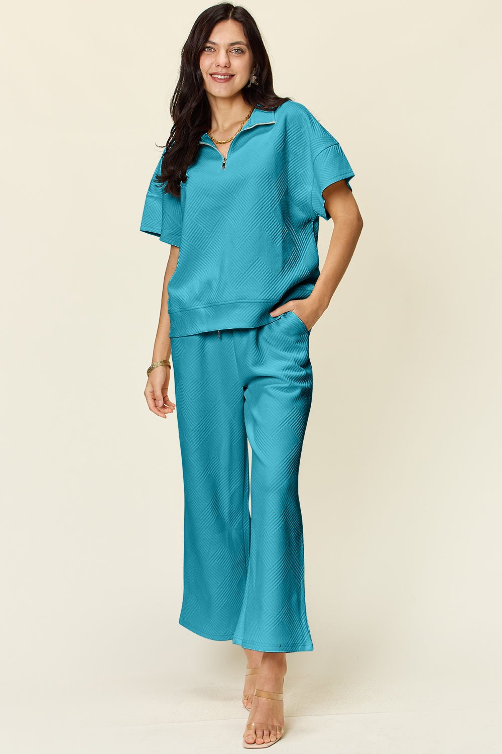 Double TakeTextured Half Zip Short Sleeve Top and Pants Set