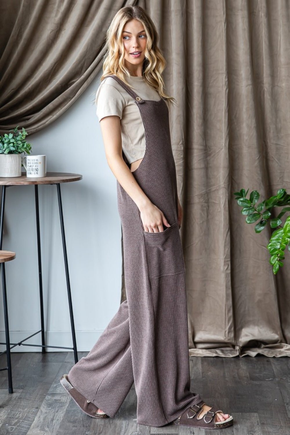 HeimishRib Knit Front Pocket Sleeveless Jumpsuit in Brown