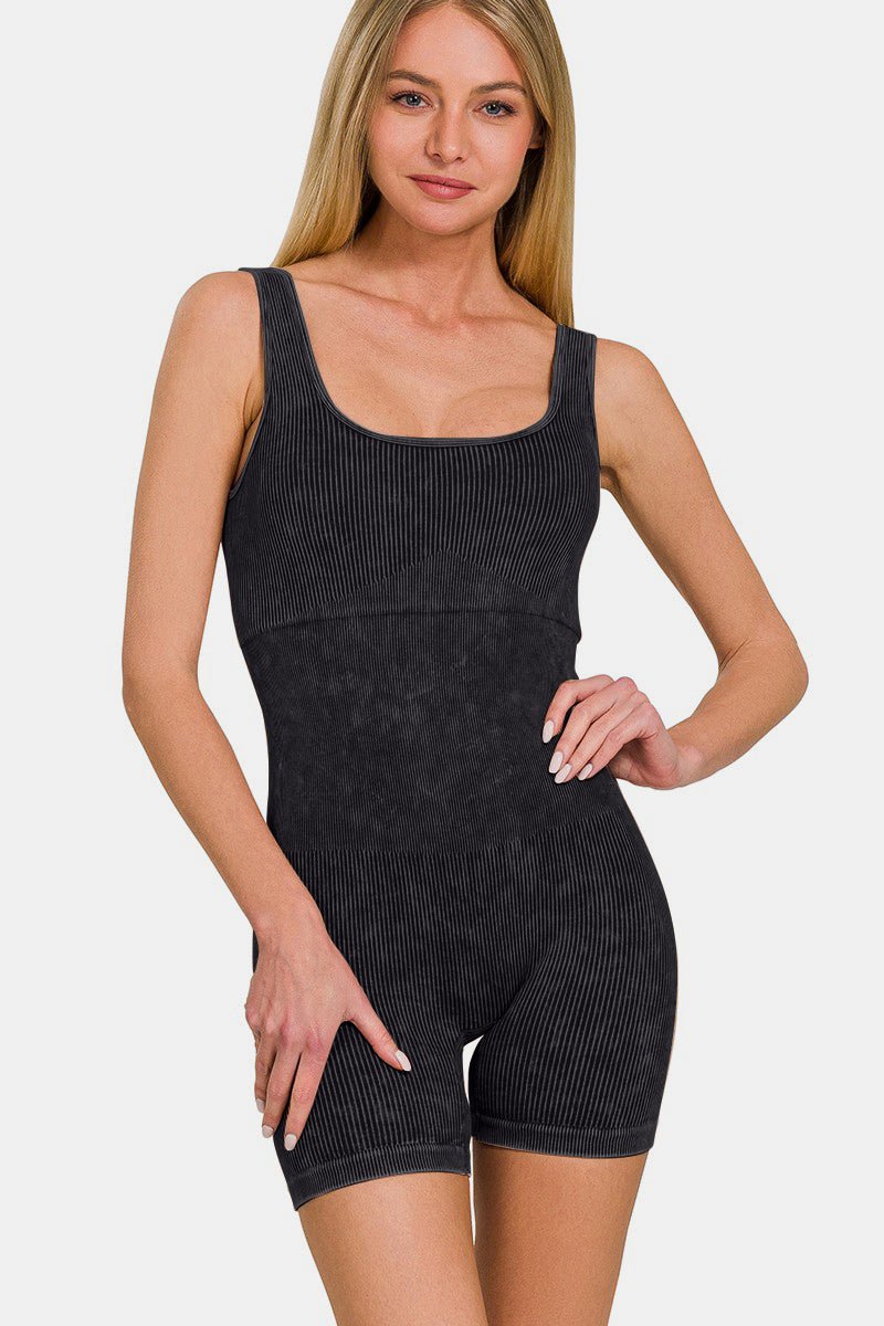 ZenanaWashed Black Rib Knit Sleeveless Romper