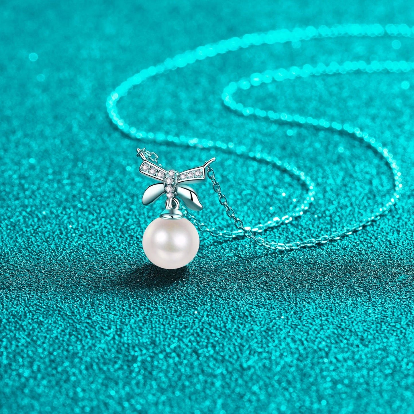 Beach Rose Co.Silver Natural Pearl Moissanite Bowtie Pendant Necklace