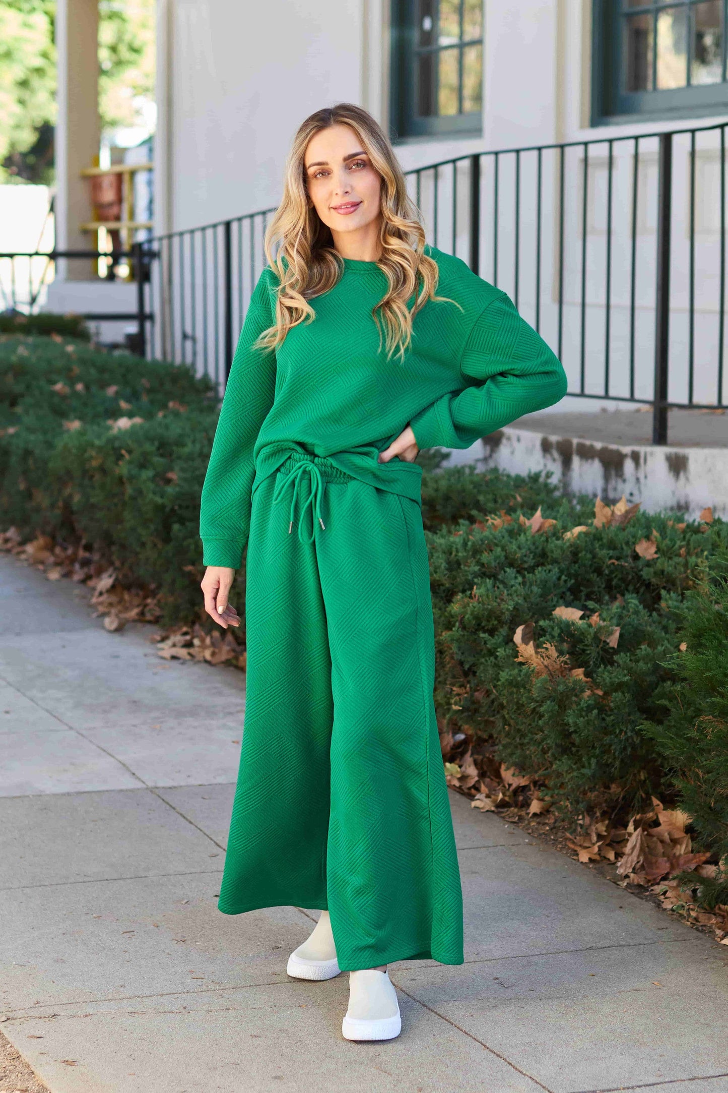 Double TakeTextured Long Sleeve Top and Drawstring Pants Set