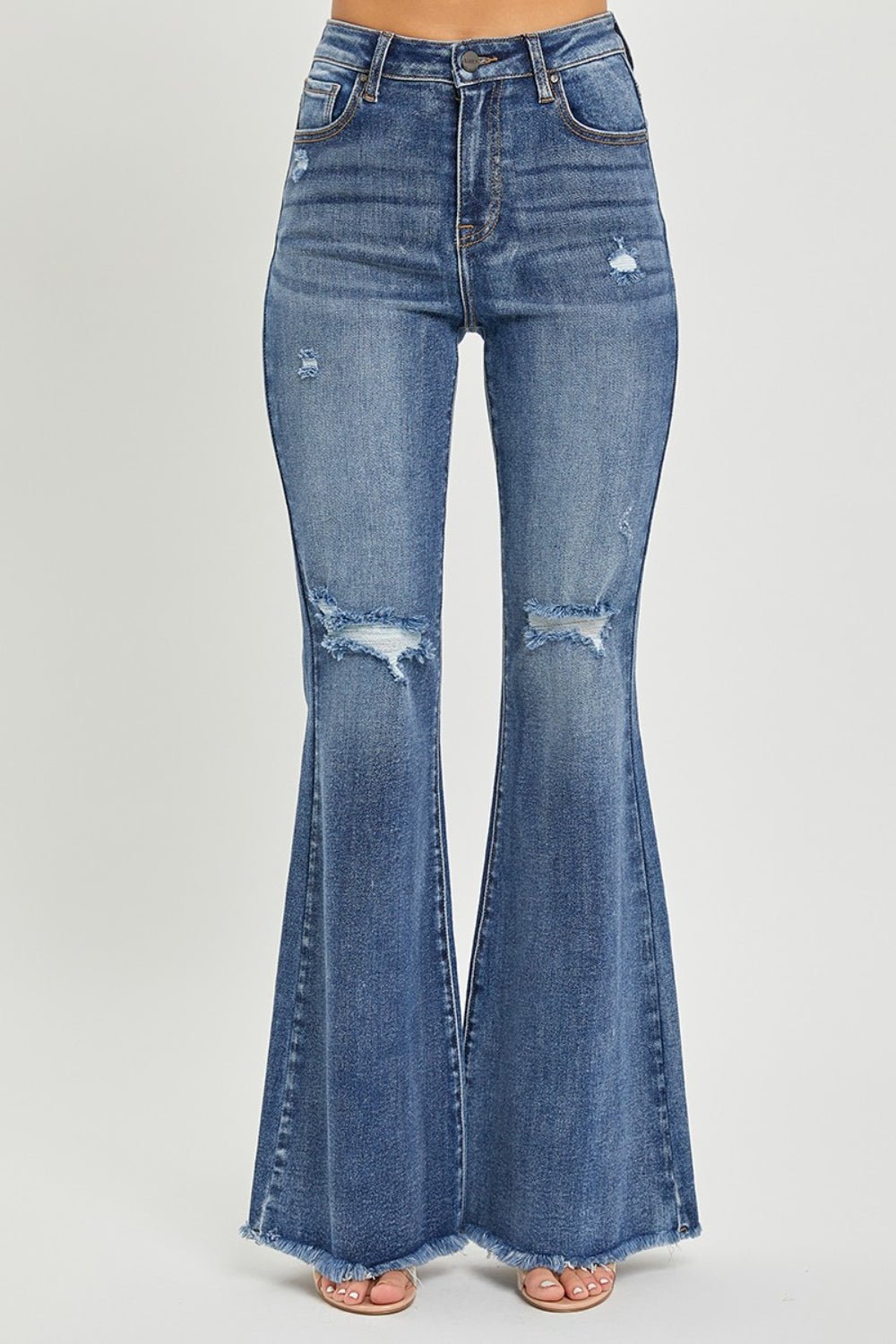 RISENMedium Wash High Waist Distressed Flare Jeans