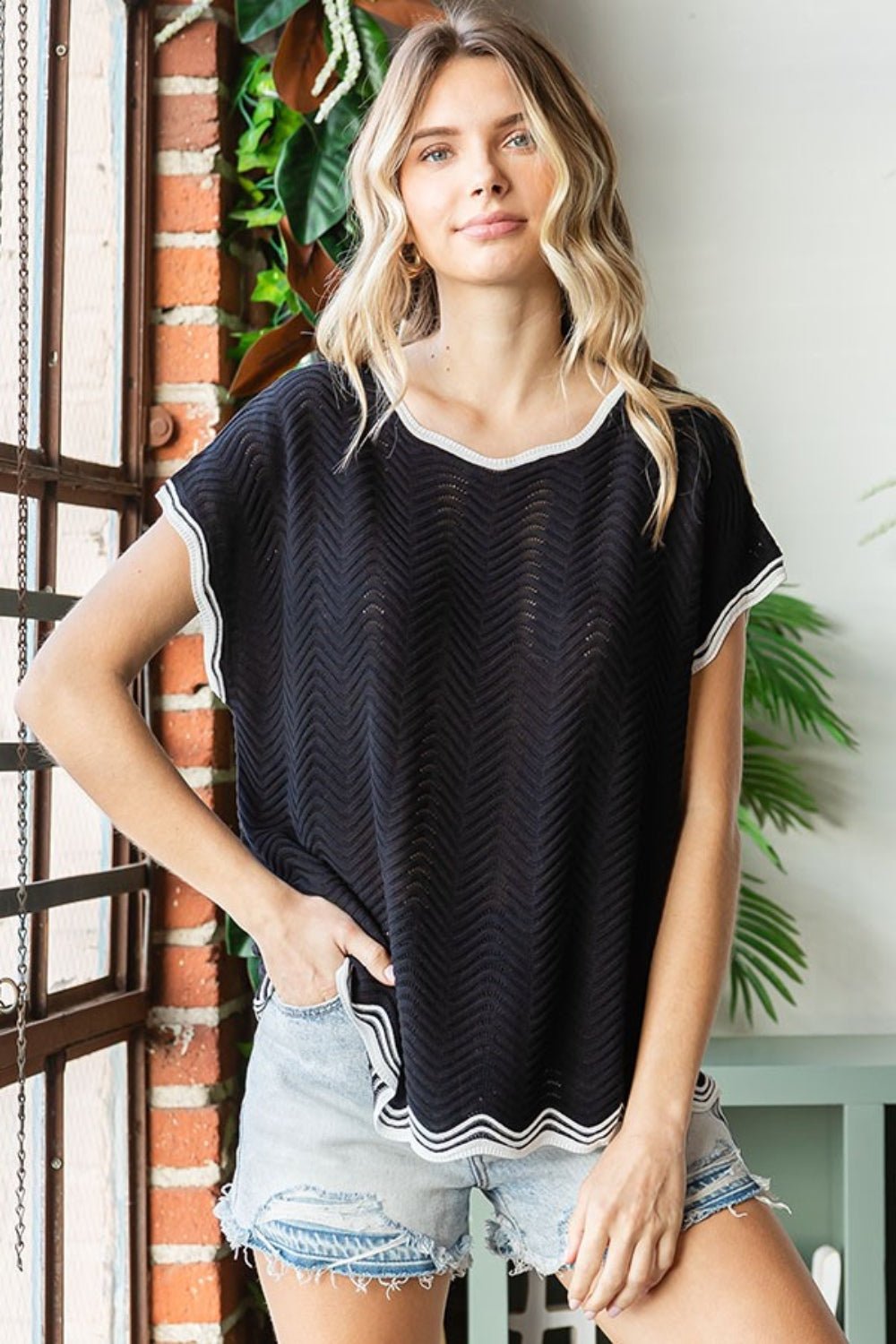 First LoveContrast Trim Crochet Short Sleeve Knit Top in Black