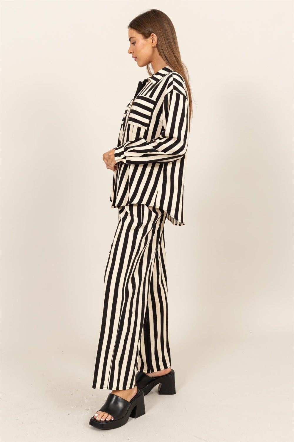 HYFVEBlack & Ivory Striped Button Up Shirt and Pants Set