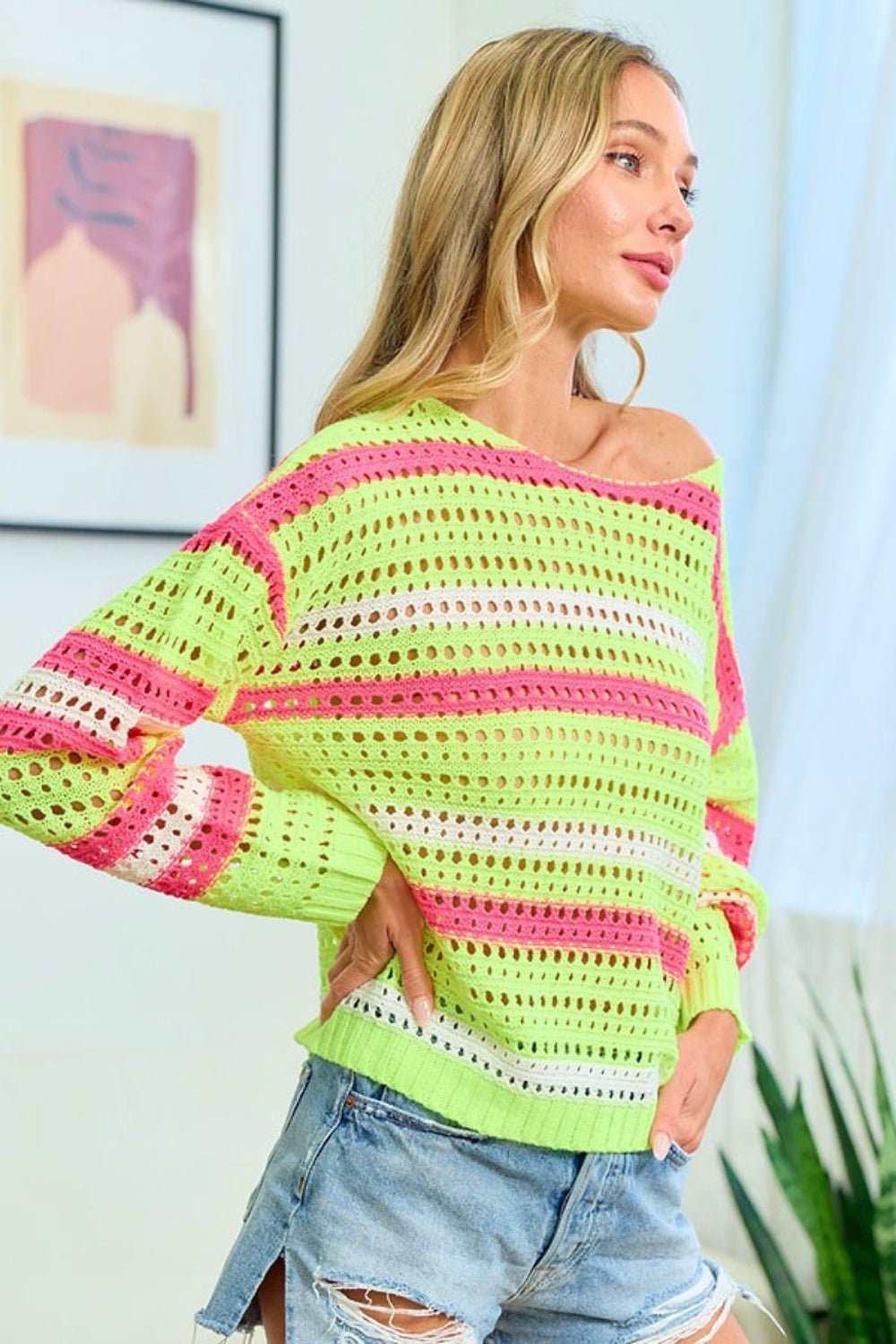 First LoveStriped Long Sleeve Openwork Knit Top in Neon Yellow