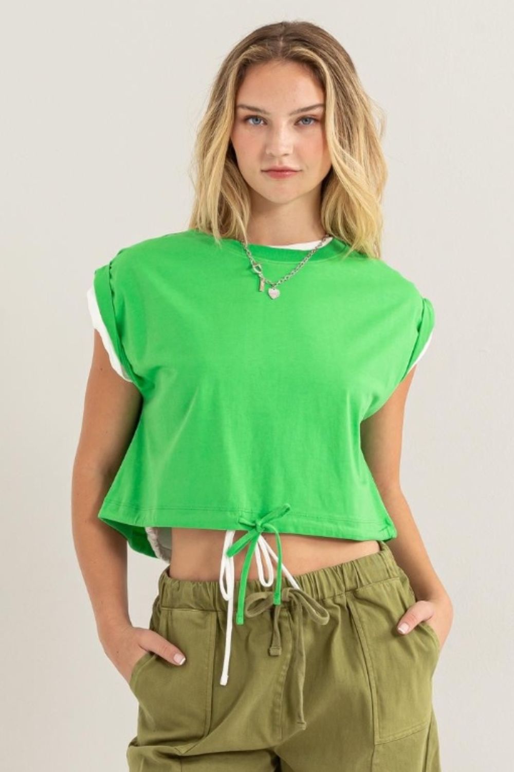 HYFVECap Sleeve Drawstring Hem Crop Top in Green