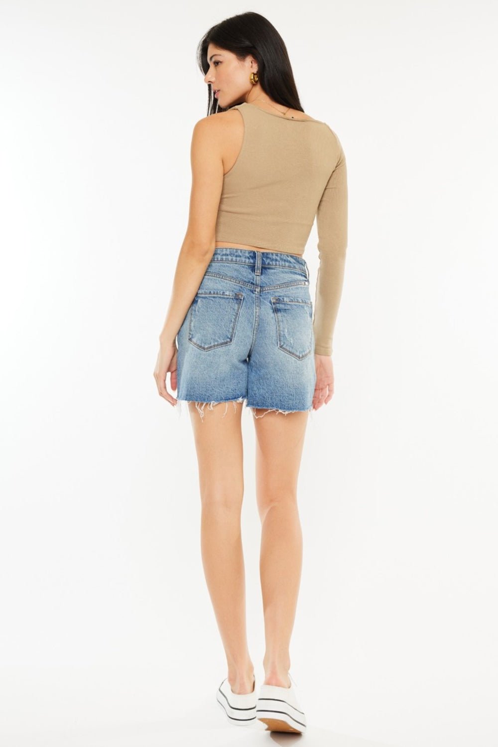 KancanMedium Wash Raw Hem High Waist Denim Shorts