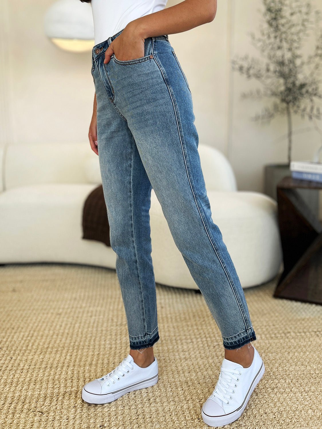 Judy BlueMedium Wash Mid Rise Rigid Magic Released Hem Jeans