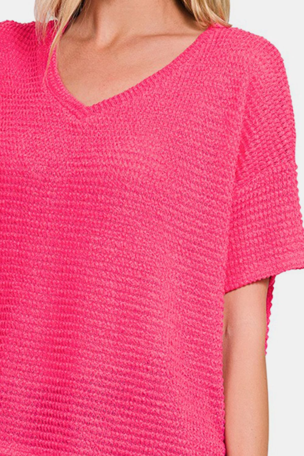 ZenanaDrop Shoulder Short Sleeve Waffle Knit Top in Fuchsia