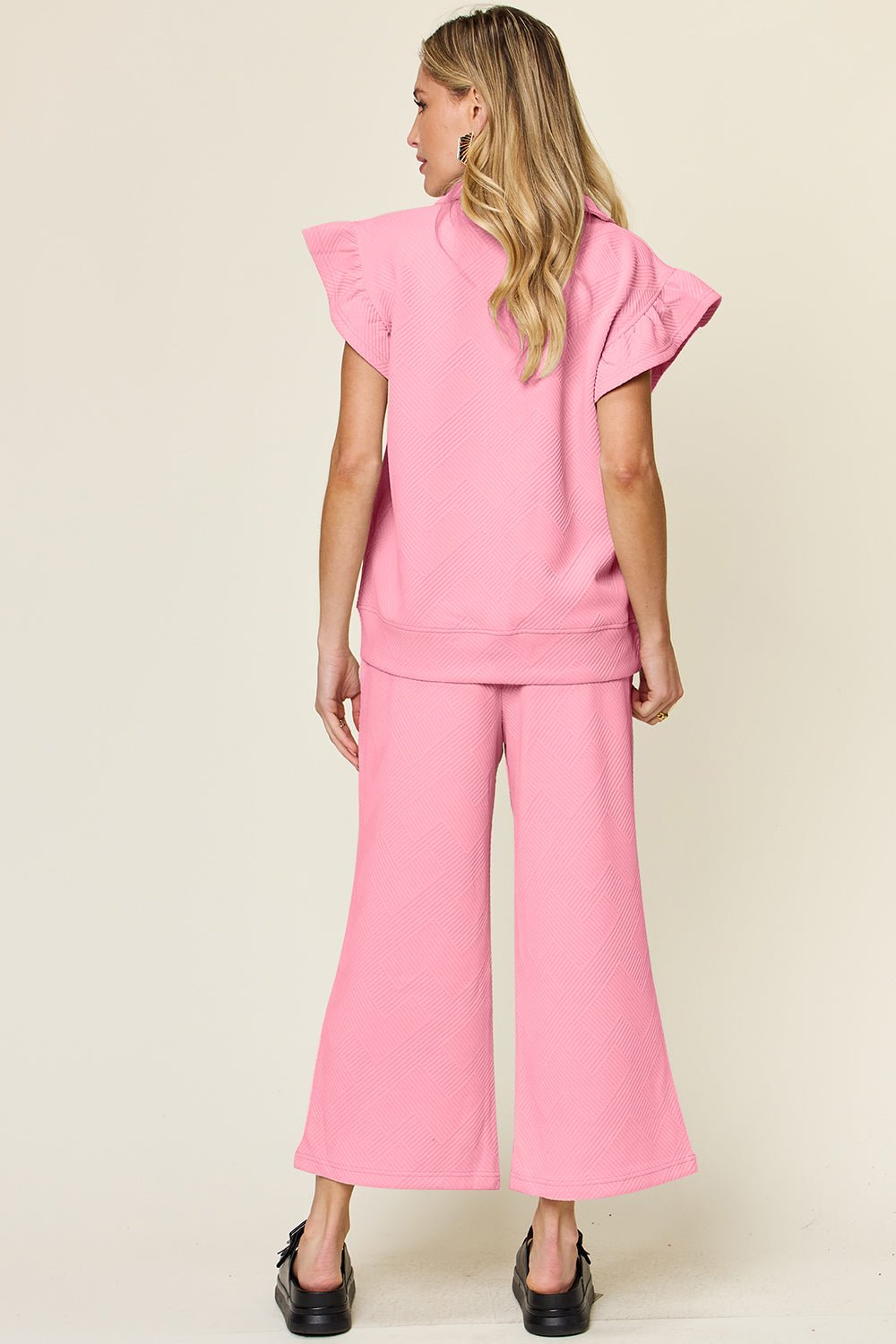 Double TakeTextured Ruffle Short Sleeve Top and Drawstring Wide Leg Pants Set