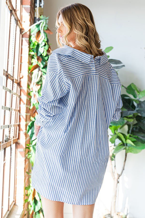 First LoveBlue Striped High - Low Hem Cotton Shirt