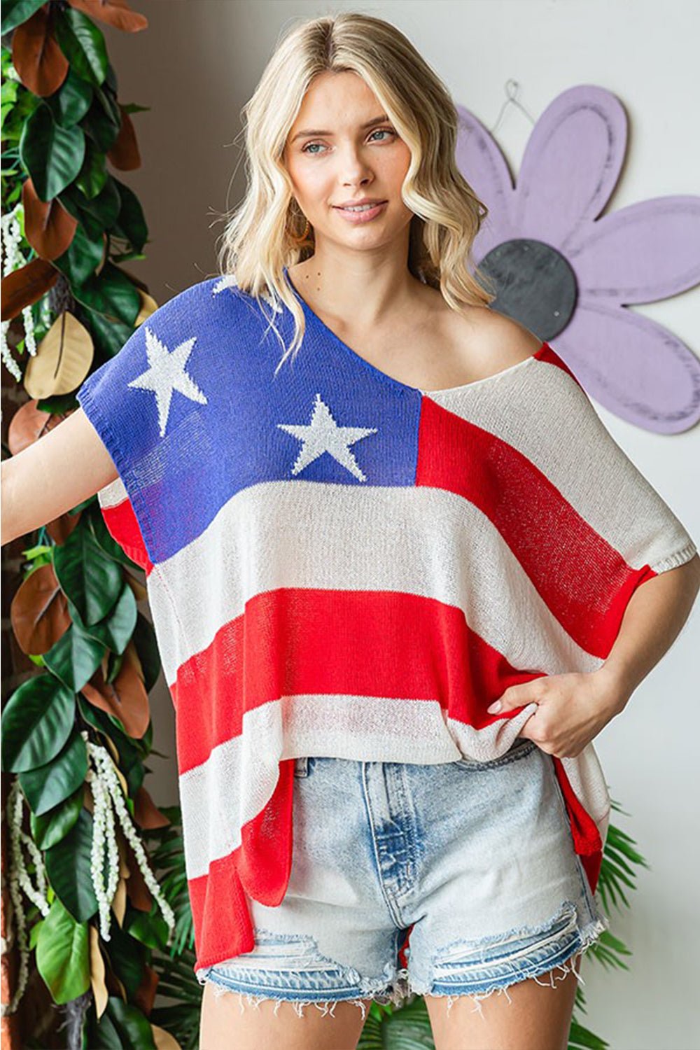 First LoveUSA Flag Drop Shoulder Knit Top