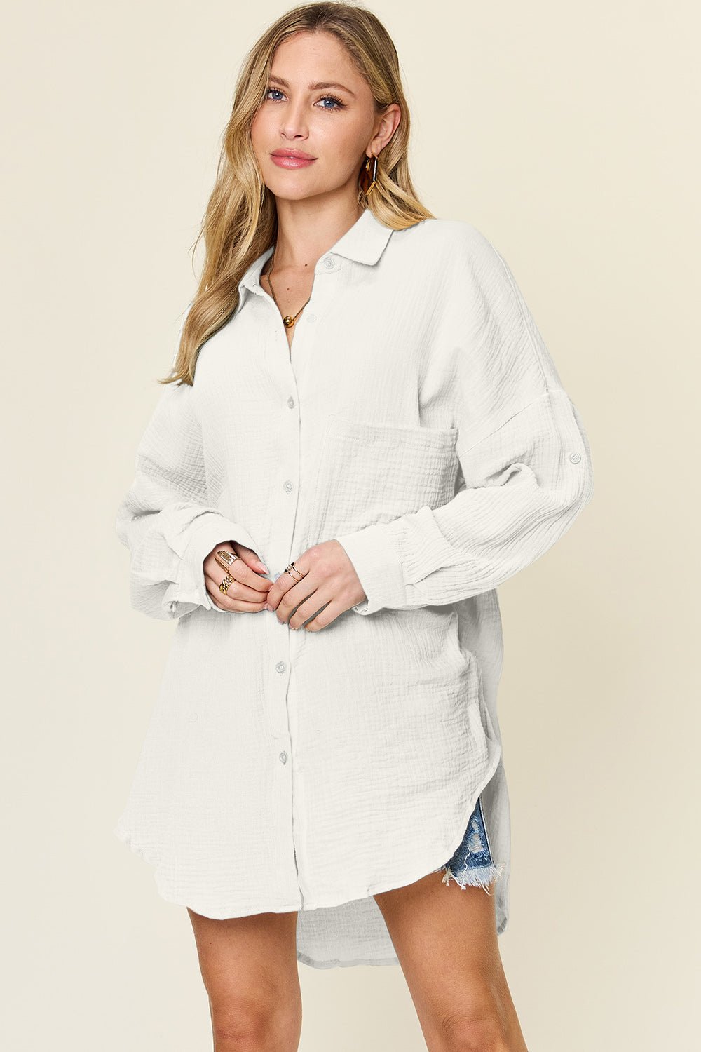 Double TakeTextured Button Up Cotton Shirt