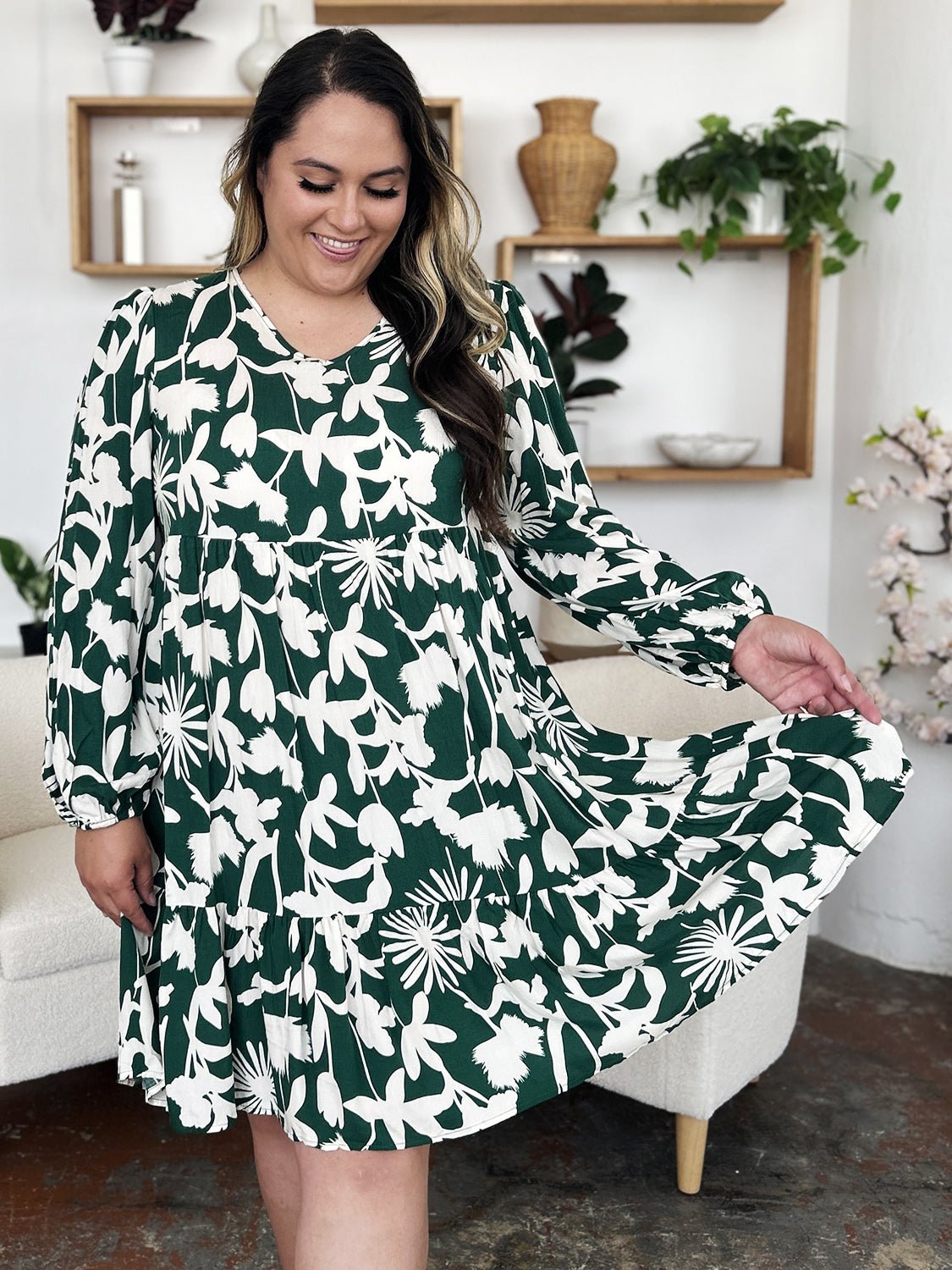 Double TakeFloral Print Ruffle Hem Long Sleeve Knee - Length Dress