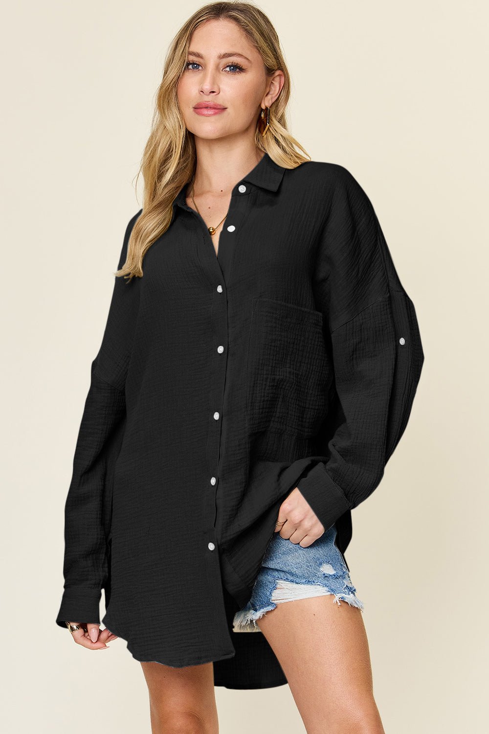 Double TakeTextured Button Up Cotton Shirt