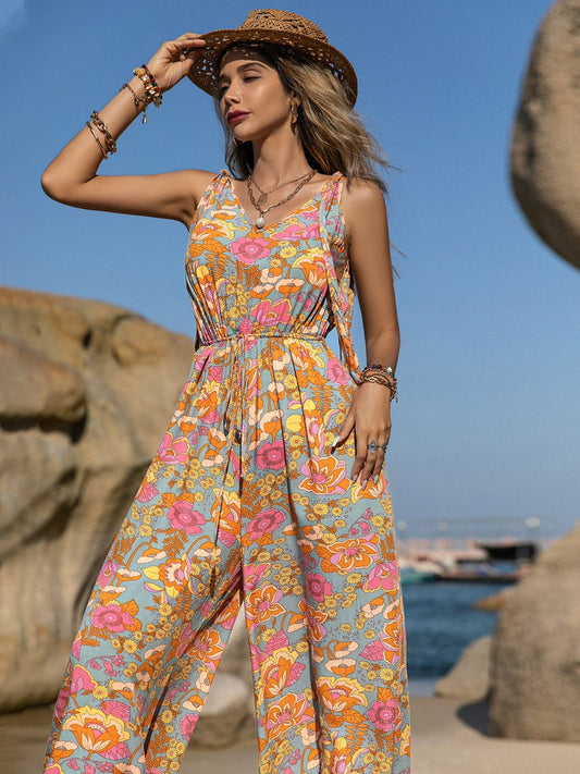 Beach Rose Co.V - Neck Floral Print Wide Leg Jumpsuit