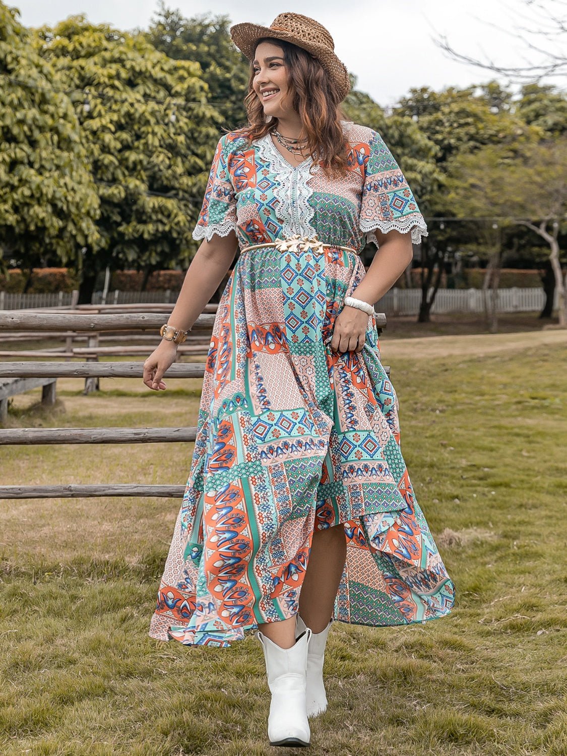 Beach Rose Co.Plus Size Lace Detail Printed Half Sleeve Midi Dress in Turquoise
