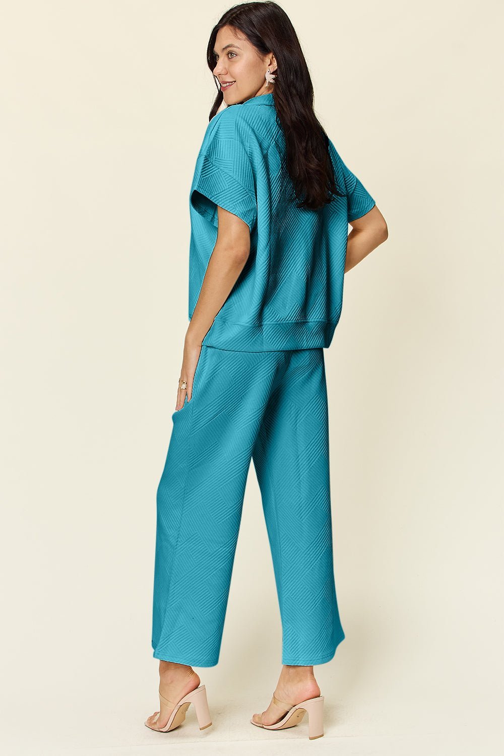 Double TakeTextured Half Zip Short Sleeve Top and Pants Set