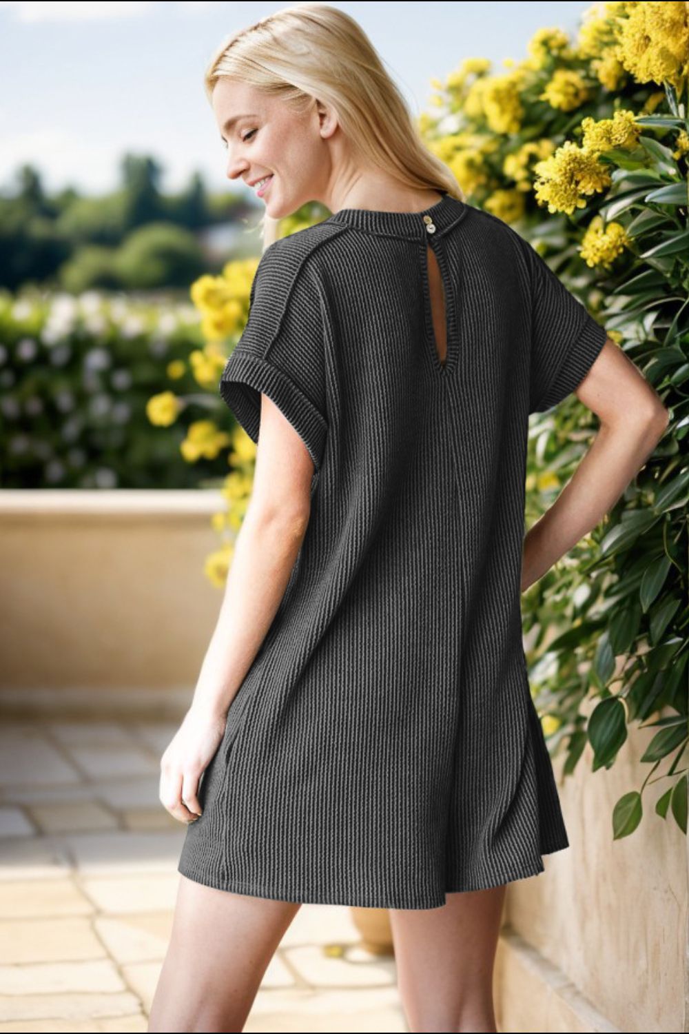 HeimishShort Sleeve Rib Knit Romper with Pockets in Charcoal