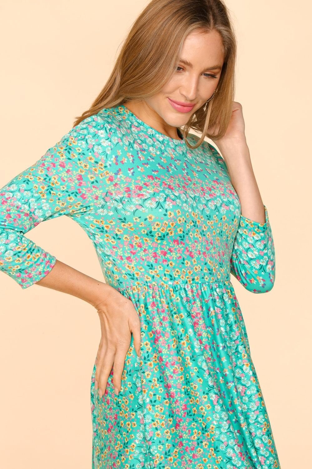 HapticsThree - Quarter Sleeve Floral Midi Dress with Pockets in Mint