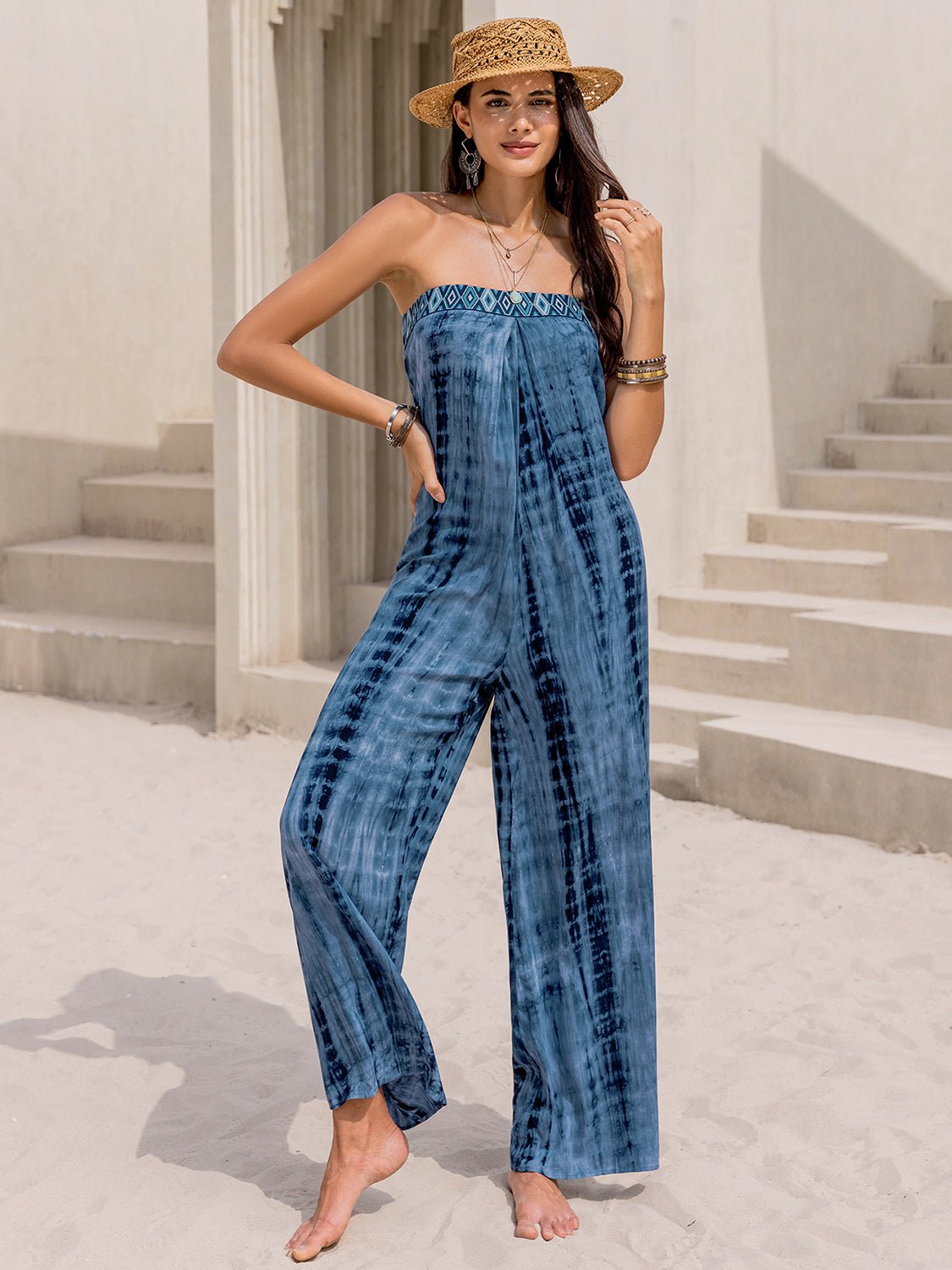 Beach Rose Co.Strapless Tie Dye Wide Leg Jumpsuit in Blue