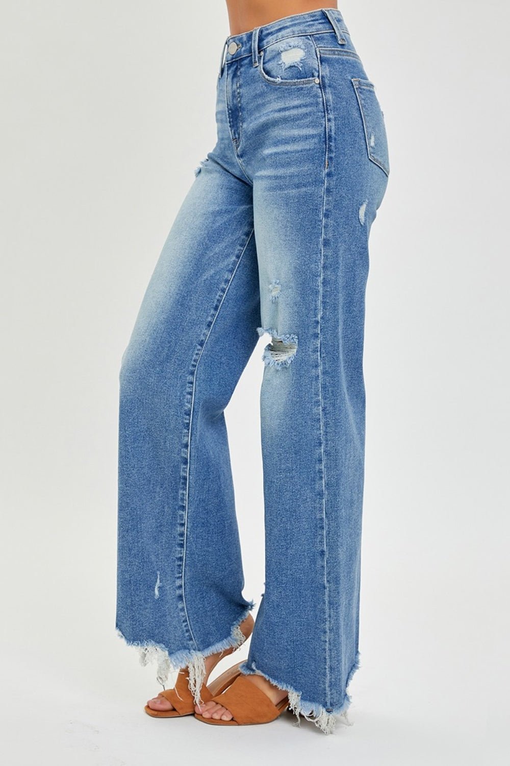 RISENMedium Wash High Rise Frayed Hem Wide Leg Jeans