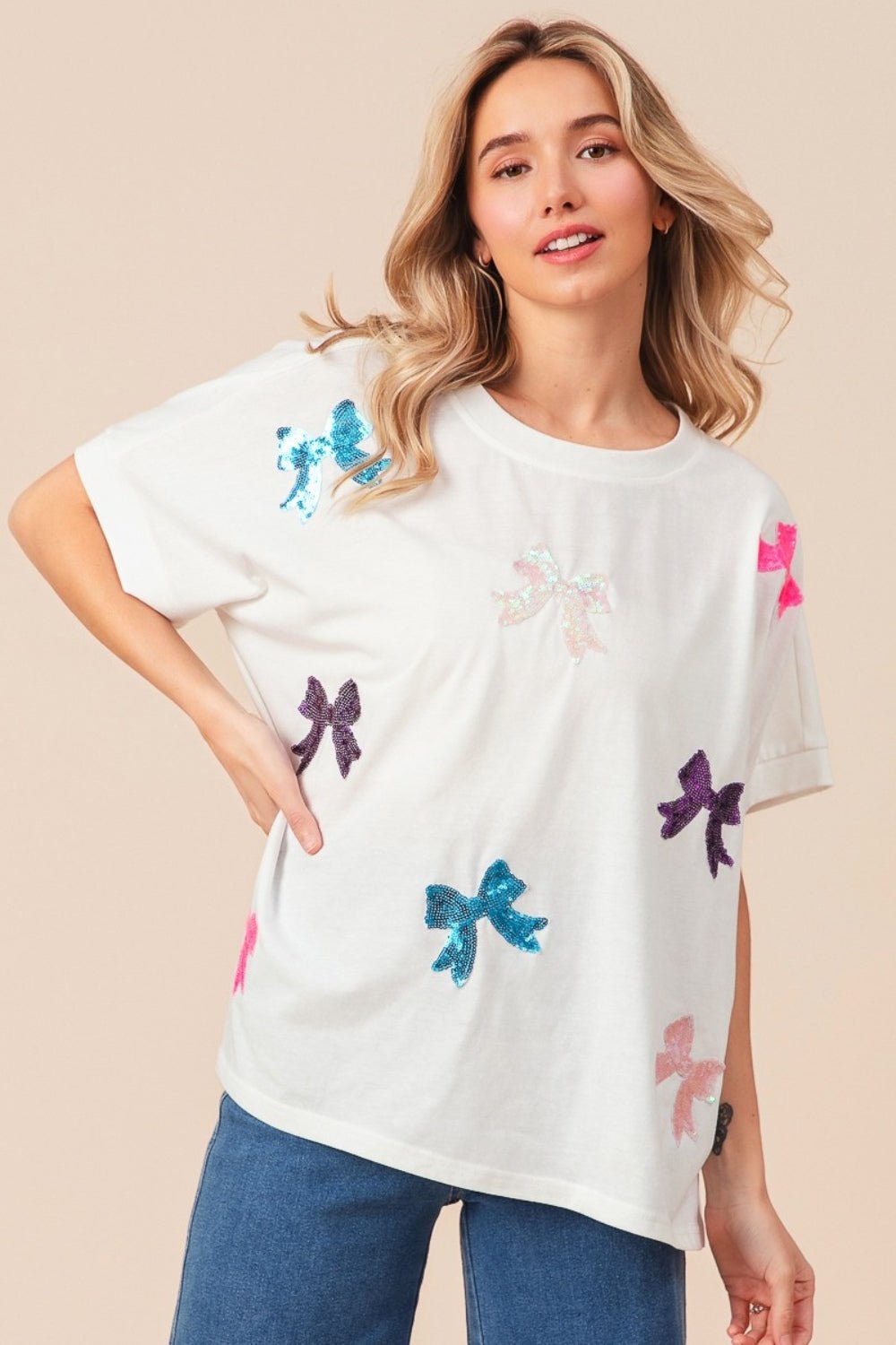 BiBiSequin Bow Patch Short Sleeve T - Shirt in Off - White