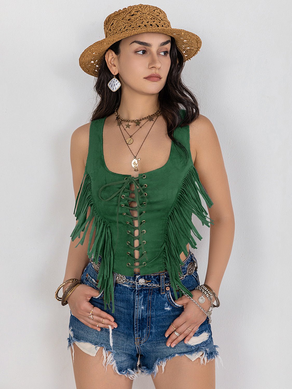 Beach Rose Co.Lace - Up Sleeveless Fringe Vest in Dark Green