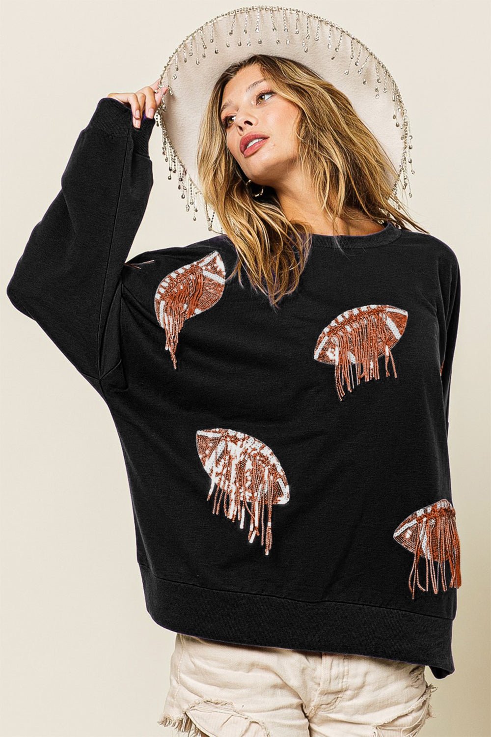 BiBiSequin Fringe Football Sweatshirt in Black Bronze