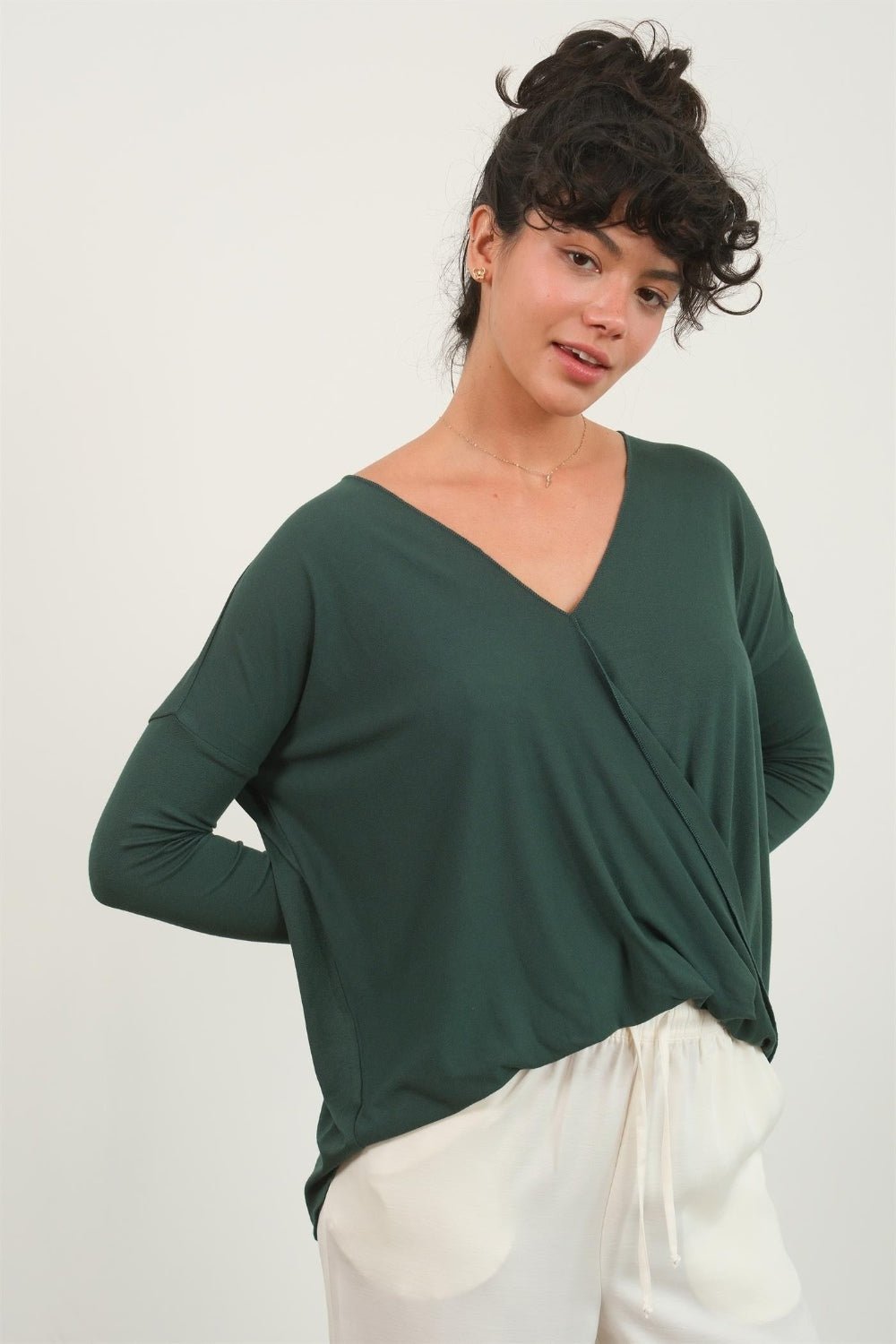 HYFVEDraped Drop Shoulder Long Sleeve Top in Dark Green