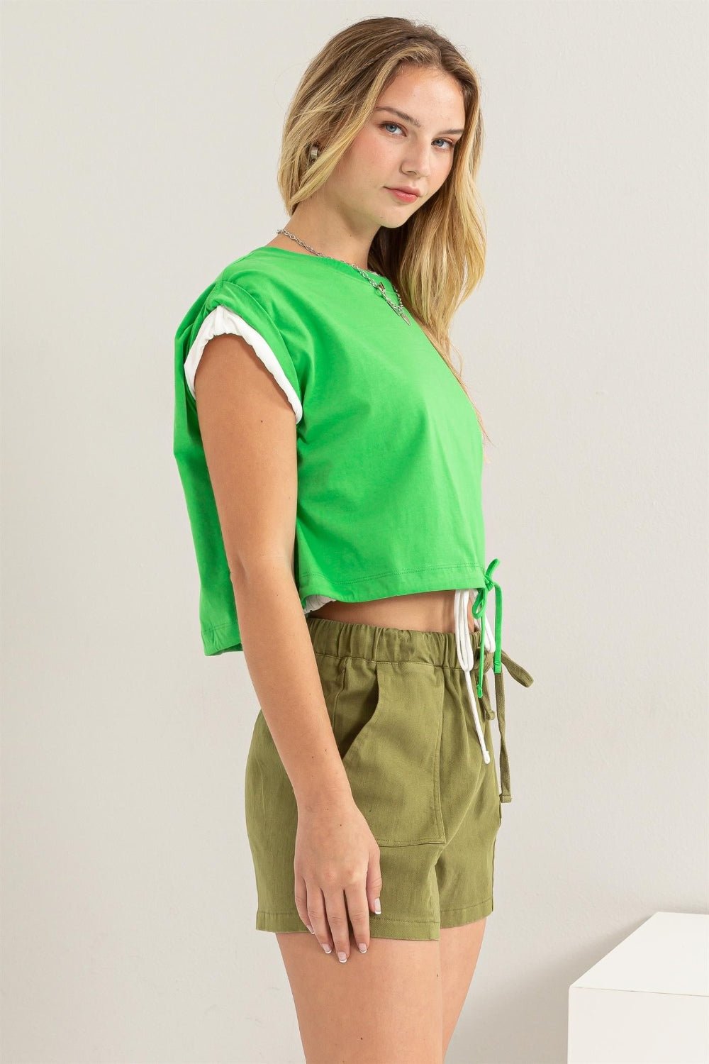 HYFVECap Sleeve Drawstring Hem Crop Top in Green