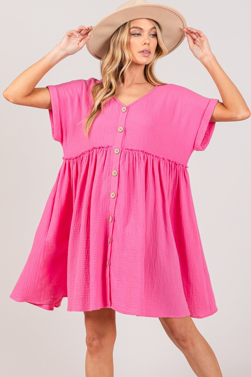 SAGE+FIGButton Up Short Sleeve Mini Dress in Pink