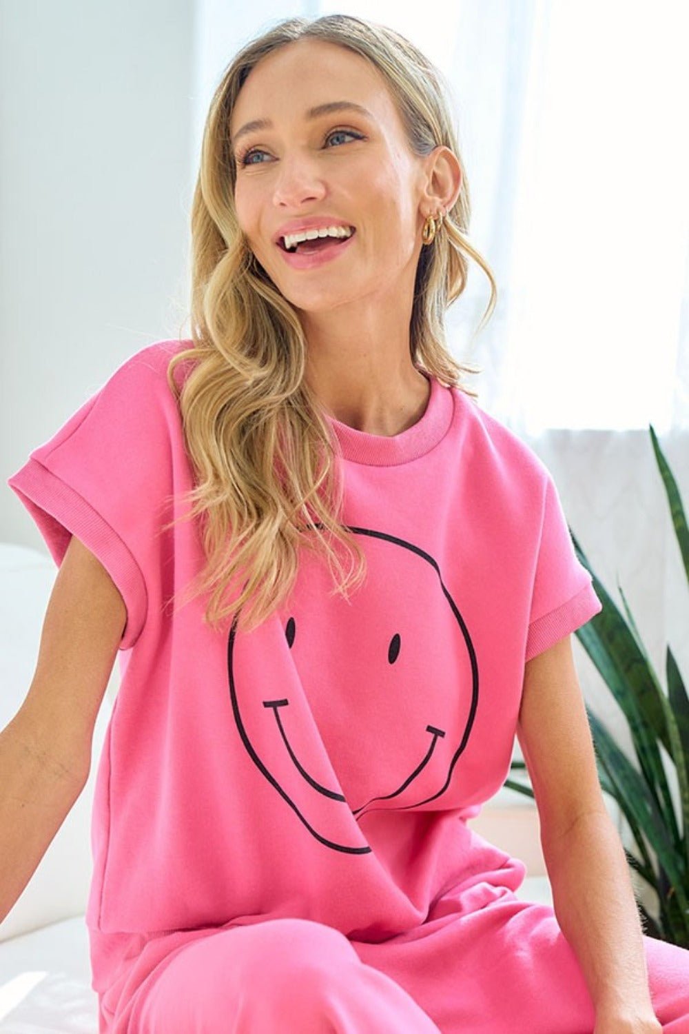 First LoveSmiley Face Drop Shoulder T - Shirt in Pink