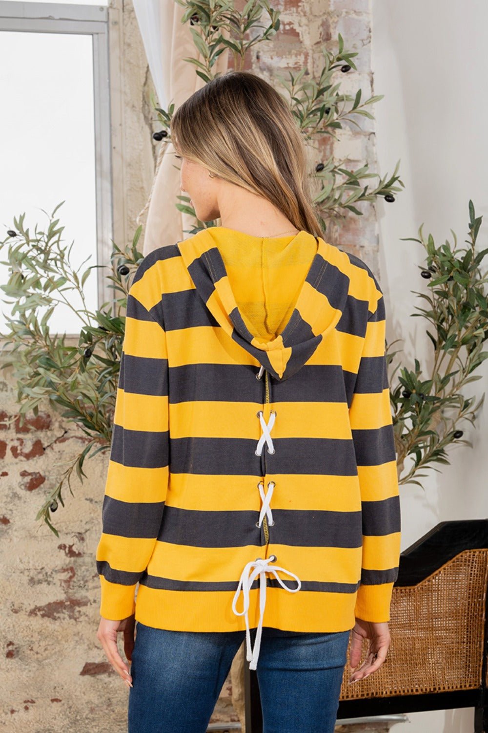 Sew In LoveStriped Long Sleeve Hoodie in Navy Mustard