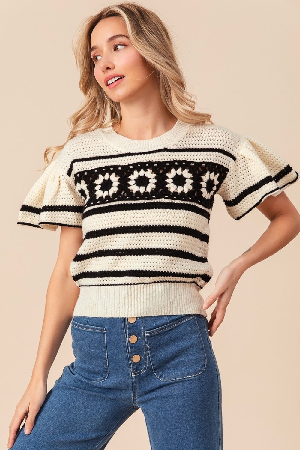 BiBiGranny Square Short Sleeve Striped Sweater in Ivory Black